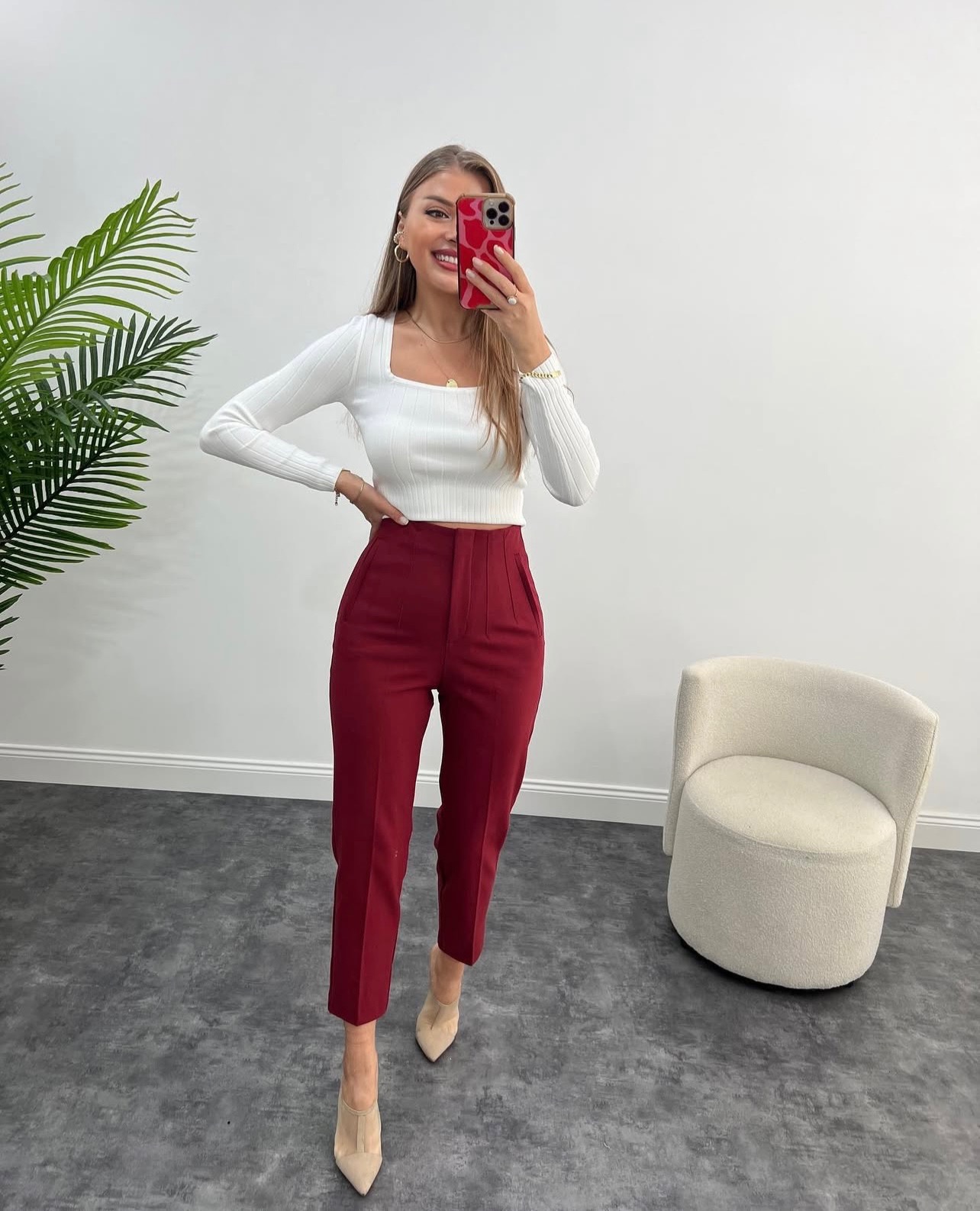 PANTALON Classique TAILLE HAUTE Bordeaux