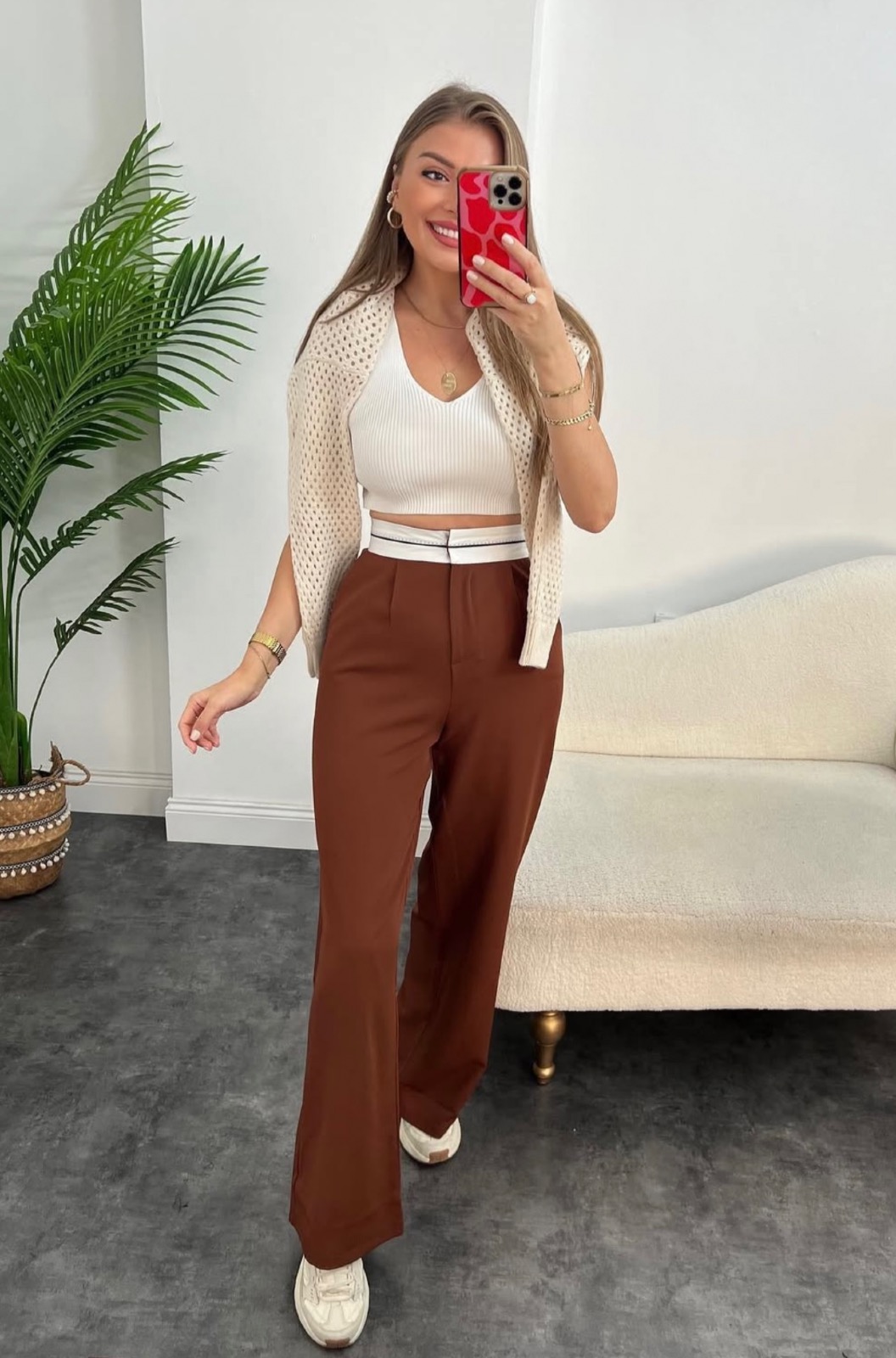 Pantalon palazzo taille haute Marron