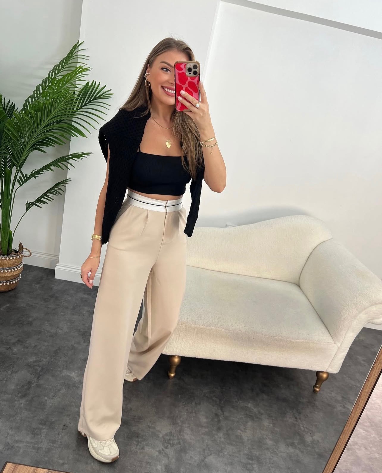 Pantalon palazzo taille haute Beige