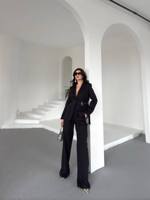 Costume Noir  femmes Ceinturé Pantalon Palazzo