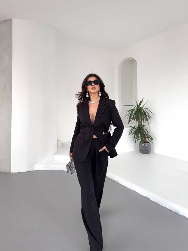 Costume Noir  femmes Ceinturé Pantalon Palazzo