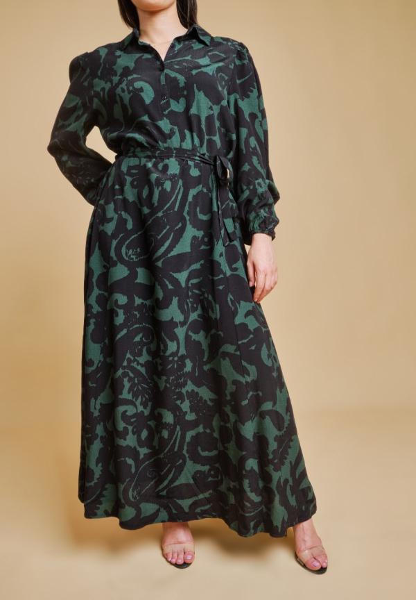 Robe longue vert bouteille motifs noir